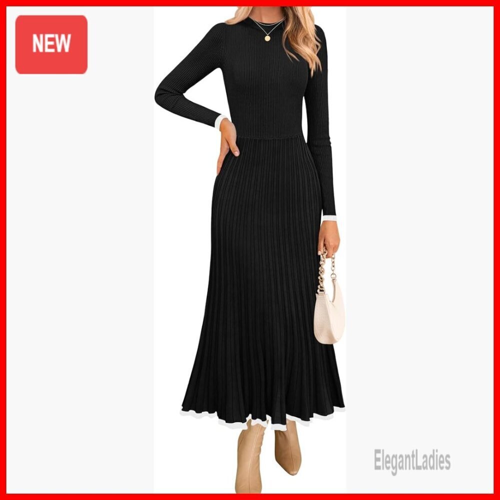 Long Sleeve Ribbed Knit Sweater Dress A-Line Maxi Slim Fit Formal Casual